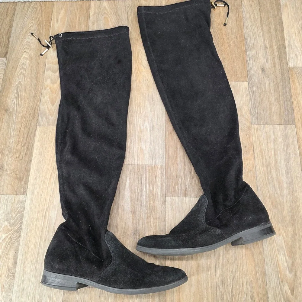 Andre Black Suede Over The Knee Flat Boots Drawstring Size 39‎ Womens